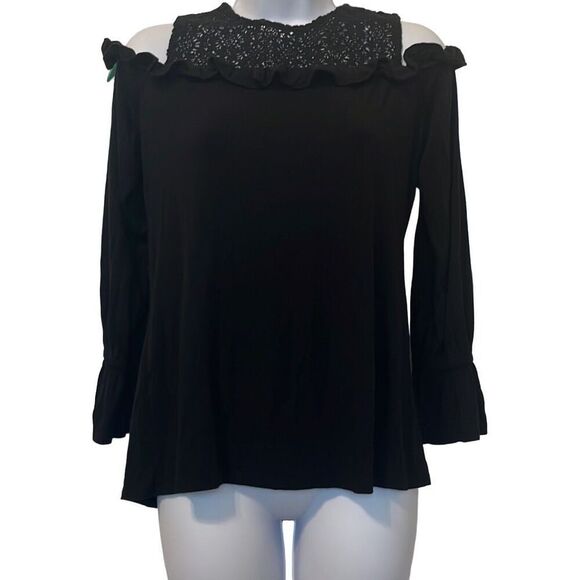 Daniel Rainn Small Black Crochet Cold Shoulder Ruffle Top Boho Whimsigoth  m - Picture 1 of 7